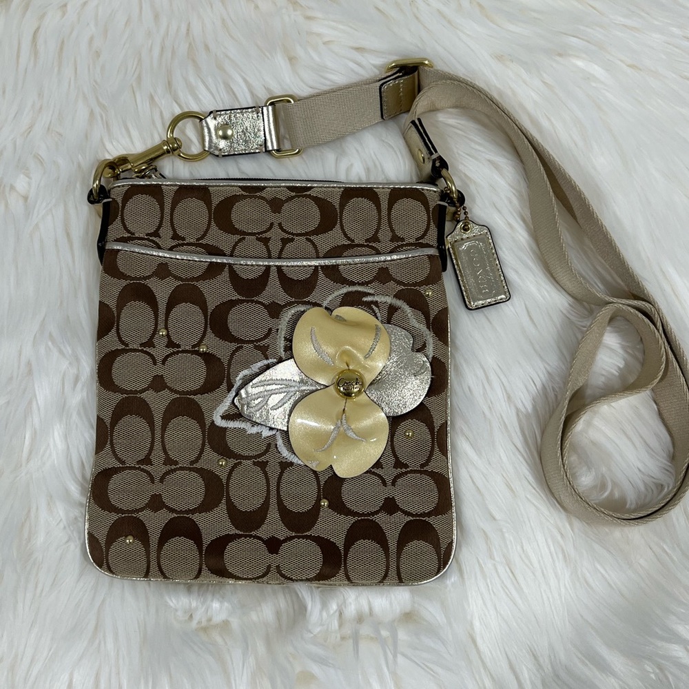Coach Crossbody Bag With Large Flower, Gold Leather & Khaki Signature Jacquard